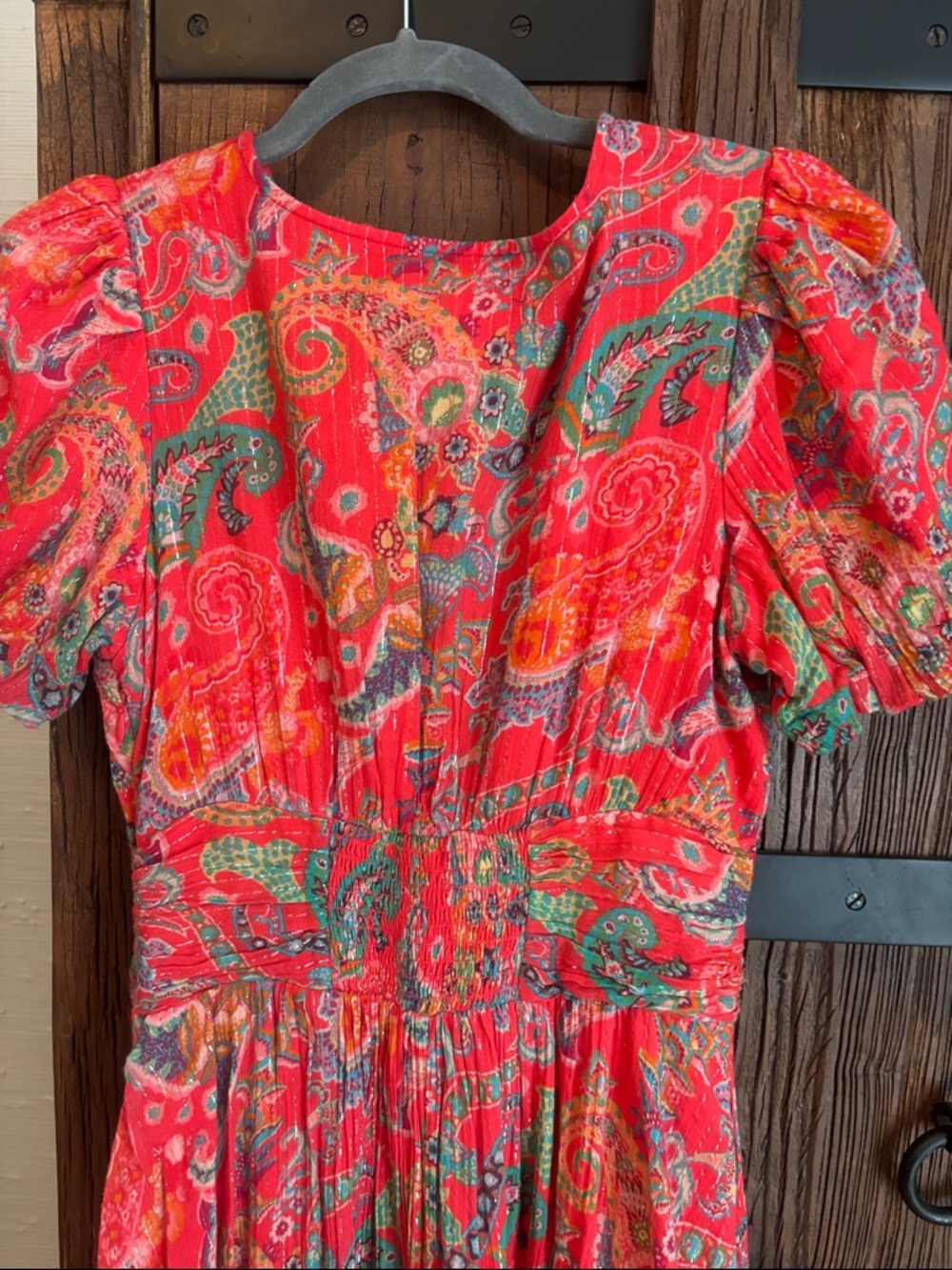 Anthropologie Red Paisley V-Neck Maxi Dress with Puff Sleeves - Picture 7 of 8